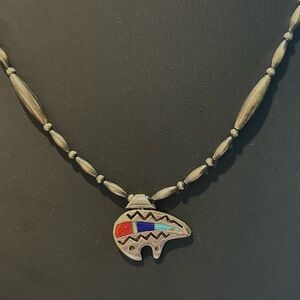 Sterling Silver Navajo Pearls Turquoise Lapis Red Coral Fetish Bear Necklace